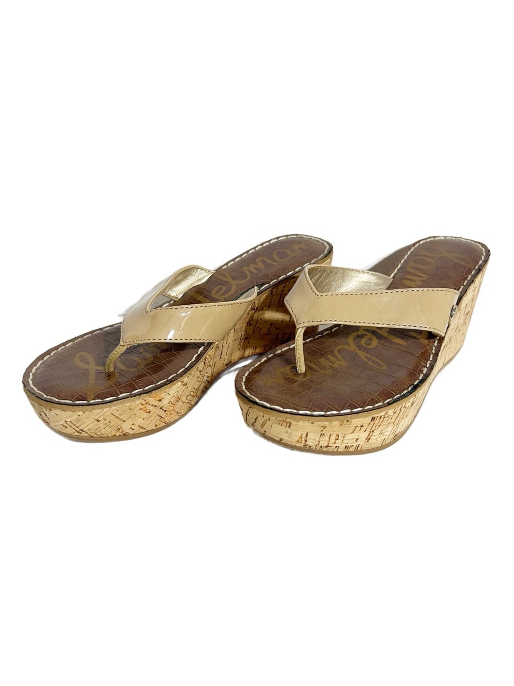 Sam Edelman Romy FF Patent Cork Wedge Thong Sandals – Nude Beige – Size 6M / 36